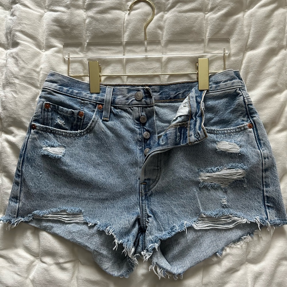 Levi’s Premium light wash distressed denim shorts